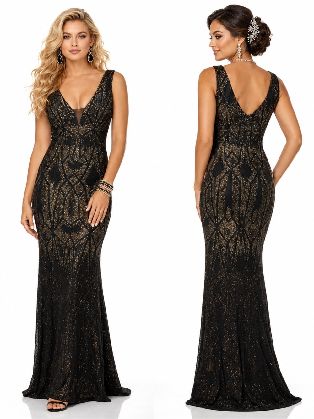 🆕 Aqua Ombré Glitter Geometric Black Gold V-neck Stretchy Long Maxi Sparkle